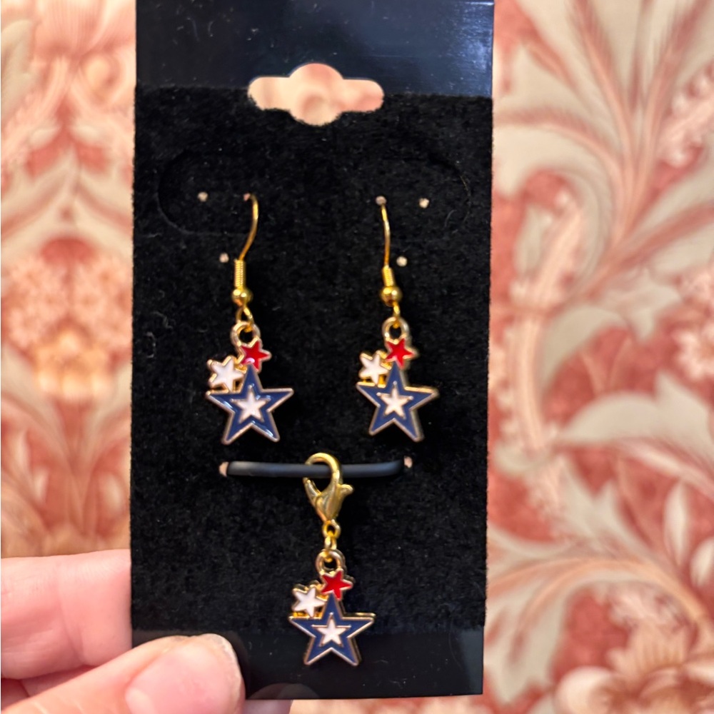3pc set Star Earrings Red, Blue, and Gold Accents w matching pendant charm